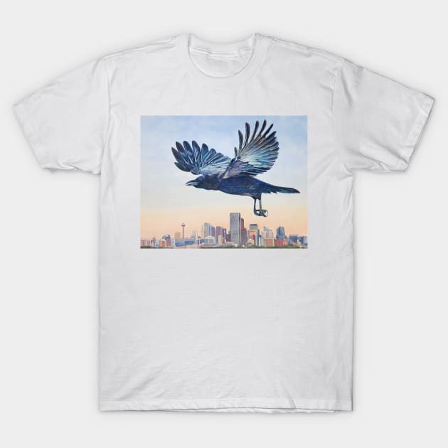 Untethered - crow over Calgary skyline T-Shirt by EmilyBickell